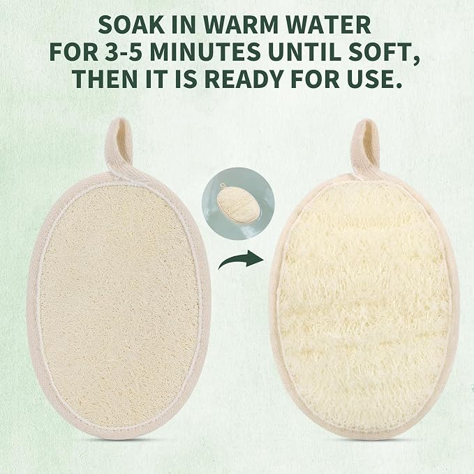 SAMEBUTECO 4 Pack Natural Loofah Exfoliating Body Scrubber Pads,Large Size 6.3x4.3 Inch Shower Loofah Sponges with Elastic Strap & Hanging Loop, Bath Scrubber for Adults