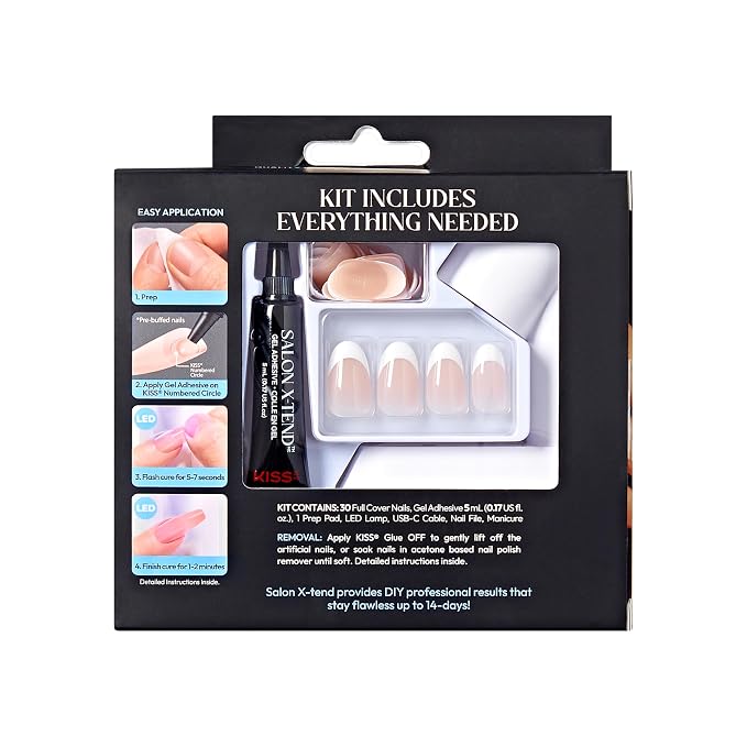 Kiss Salon X-tend, Press-On Nails, Nail glue included, Pure', Light White, Medium Size, Oval Shape, Includes 30 Nails, 5Ml Led Soft Gel Adhesive, 1 Led Lamp, 1 Prep Pad, 1 Manicure Stick, 1 Mini File