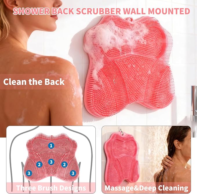 Show Foot Scrubber Mat & Silicone Back Scrubber with Butterfly Form Design,3 Brush Designs for Deep Cleaning Shower Foot Scrubber Mat, Wall Mounted Back Scrubber Silicone Bath(Pink)