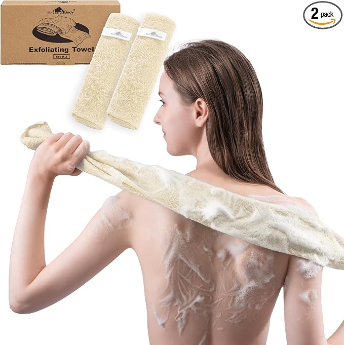 myHomeBody Exfoliating Washcloths for Showering, Cream, Set of 2 | Stretches for Hard-to-Reach Areas, Loofah Body Scrubber Exfoliator, Back Shower Towel, Bath Washer for Exfoliation