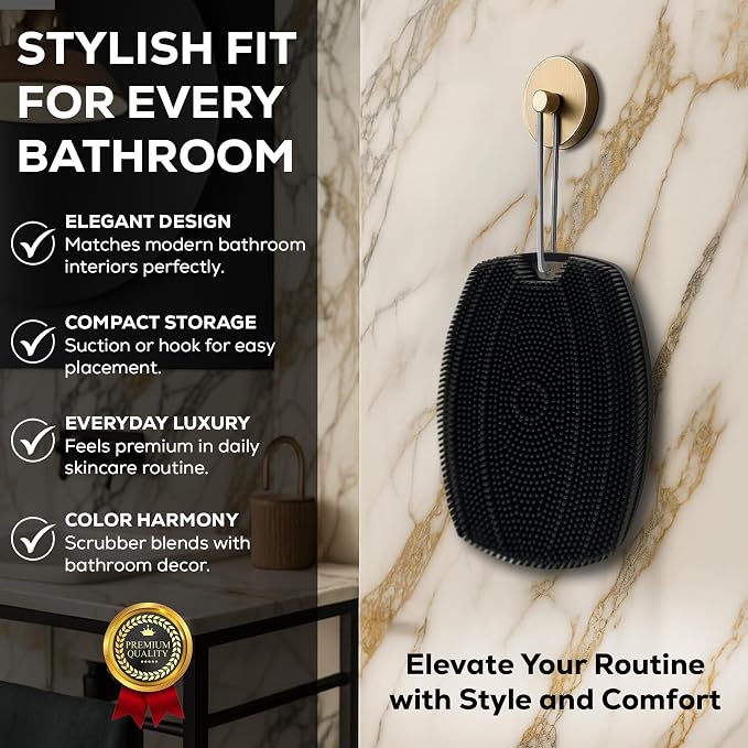 Silicone Body Scrubber — Suction Cup Mount & Hook, Gentle Exfoliating Shower Brush, Soft Loofah Alternative for Men, Women & All Skin Types — Graphite Black