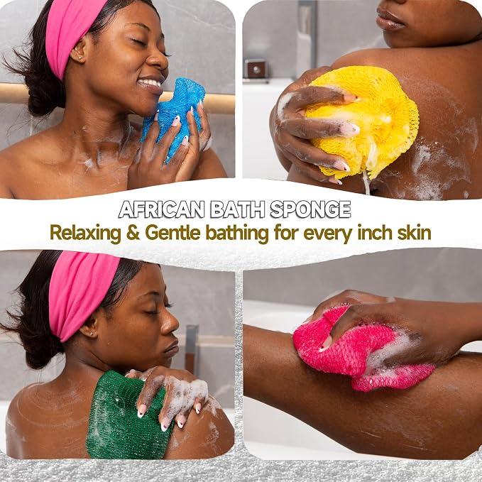 SubSahara Authentic African Net Sponge, 5 Pack 45-Inch Exfoliating Bath Sponge and Shower Loofah for Body and Back, Colorfast Quick-Dry Knotted Mesh Scrubber with Travel Pouch