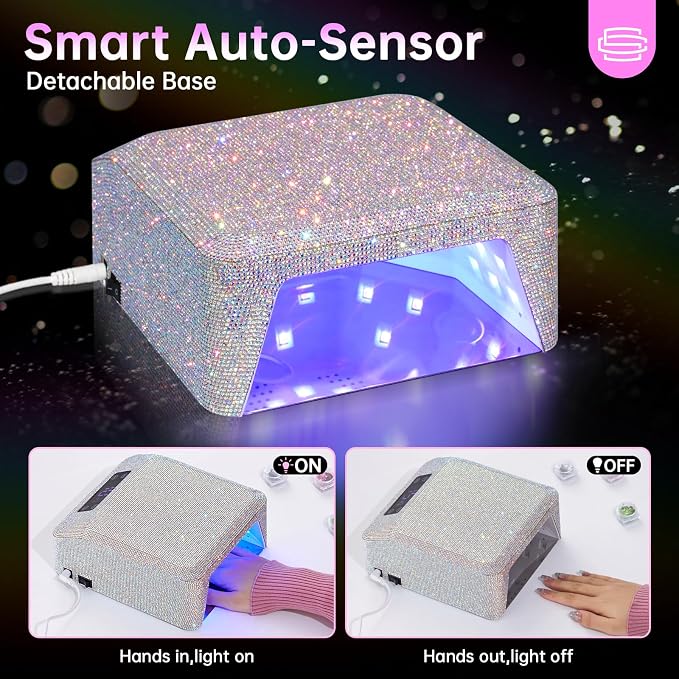 UV LED Nail Lamp, Plug-in Nail Dryer UV Light for Gel Nails Salon & Home | 39 Beads | 96W | Auto Sensor | Detachable Base | 4 Timers | Rhinestone | White Sparkly