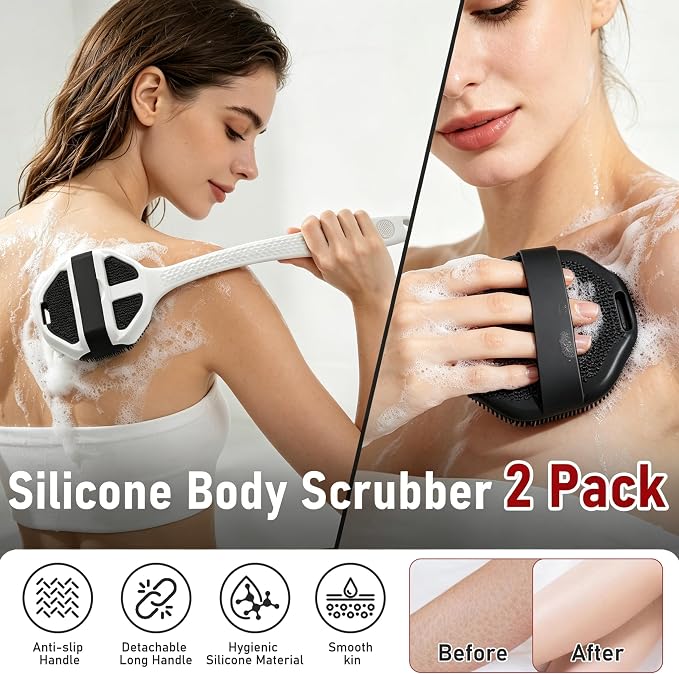 Back Scrubber for Shower 2 Pack, Silicone Body Scrubber with Long Handle, Detachable Body Wash Bath Scrubber Shower Scrub Brush -Dense Bristles Exfoliating & Lather Well for Women Men Black
