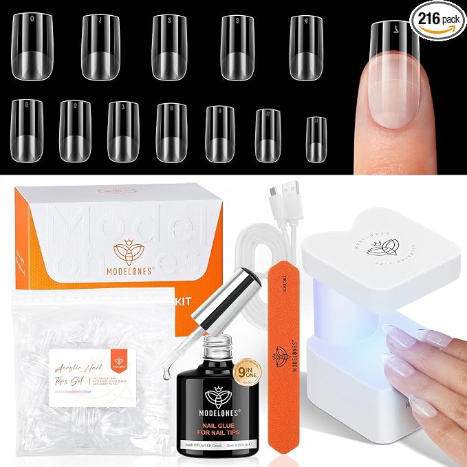modelones X Nail Gel Kit Kit Short Square, 9-in-One Nail Glue UV Light | 216Pcs 12Sizes Pre-Etched Press ons Fake Acrylic Extension Kit