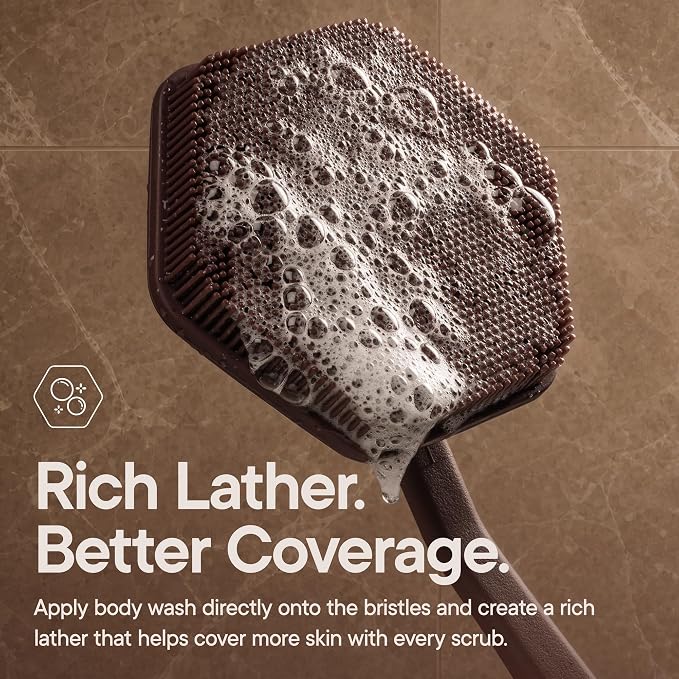 TOOLETRIES Silicone Back Scrubber for Shower, Bath Brush - Chocolate | Long ergonomic handle and non-slip grip make exfoliating hard-to-reach areas simple and comfortable.