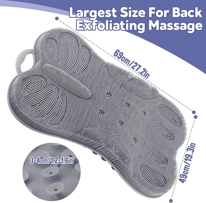 Kalolary Silicone Shower Foot Scrubber Mat & Back Exfoliating Cleaner | Large Exfoliating Feet Scrubber for Shower with Anti-Slip Suction Cups to Clean & Massage Feet Without Bending Over (Grey)