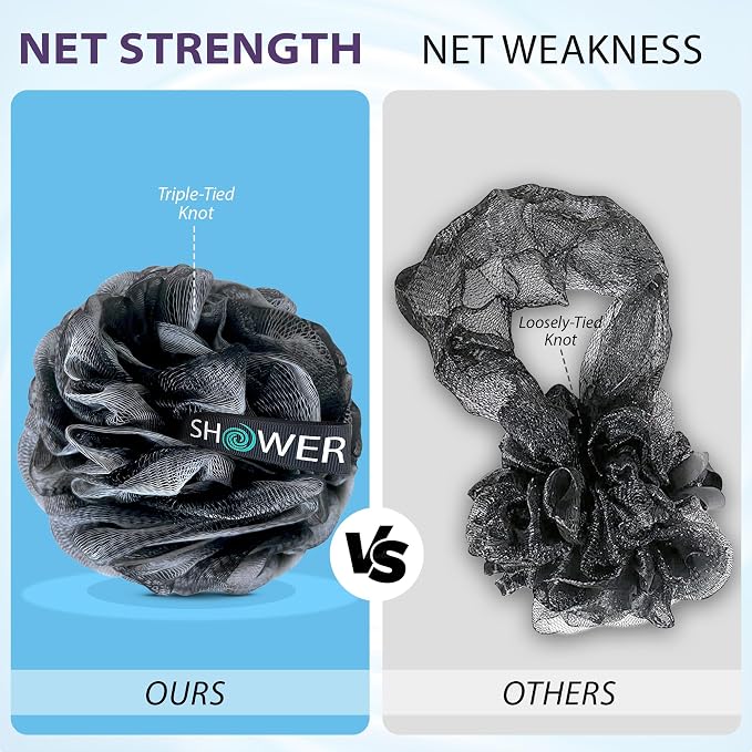 SHOWER BOUQUET Loofah-Charcoal Bath-Sponge-4-Pack Extra-Large 75g Soft Mesh | Black Luffa Loufa Loofa Puff Set / Exfoliating Body Scrubber Lufas for Women and Men – Face & Body Shower Loofah Sponge
