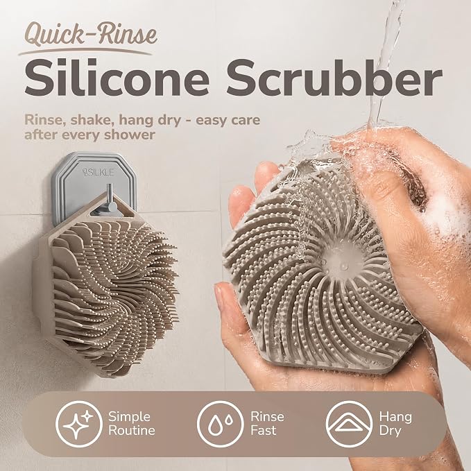 SILKLE Silicone Body Scrubber Exfoliator, Shower Scrubber & Silicone Loofah | Exfoliating Body Scrubber, Non-Slip Grip - Silicone Bath Brush & Shower Brush for Body, Quick-Rinse One-Piece Design - Clay