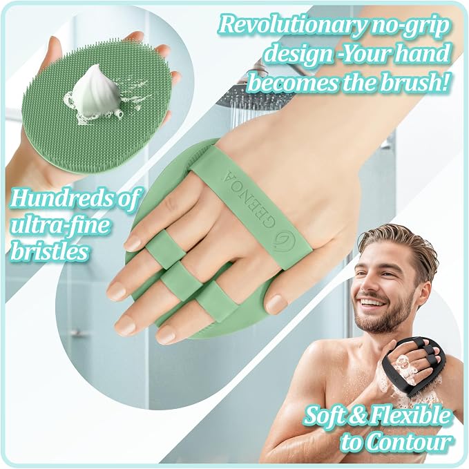 New Silicone Shower Scrubber with Straps, 360° Anti-Slip & Enlarged Body Scrubber for Rich Foaming Deep Cleaning, Revolutionary No-Grip & Hand-fit Bath Glove for All Skin Types(Black+Green)