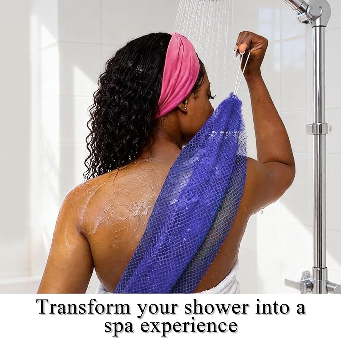 SubSahara Authentic African Net Sponge,2 Pack 45-Inch Exfoliating Bath Sponge and Shower Loofah for Body and Back,Colorfast Quick-Dry Knotted Mesh Scrubber with Travel Pouch (Dark Blue & Forest Green)