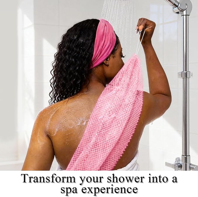 SubSahara Authentic African Net Sponge, 2 Pack 45-Inch Exfoliating Bath Sponge and Shower Loofah for Body and Back, Colorfast Quick-Dry Knotted Mesh Scrubber with Travel Pouch (Ligh Pink & Teal)
