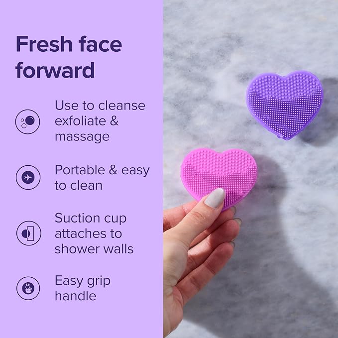 Plum Beauty Heart-Shaped Silicone Skin Scrubber with Suction Cup Mount | Manual Facial Cleansing Brush for Exfoliating & Massaging, Soft, Skin-Safe Bristles for All Skin Types