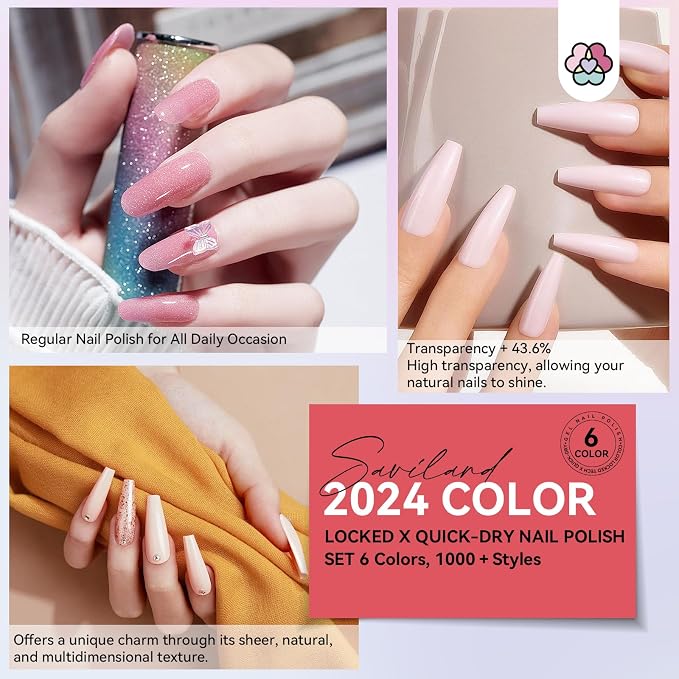 SAVILAND Quick Dry Nail Polish Set, 6Pcs Hot Sheer Color, Pink Nude Glitter | Neutral Solid Color, Non Gel Nail Lacquer, Finger Toe Nail Art Home DIY Women Gift Set 0.34 Fl.oz