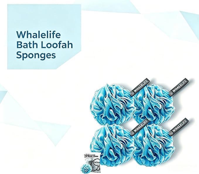 Loofah Bath Sponges - Gentle Exfoliating Shower Loofah for Rich Lather, Durable Mesh Body Scrubber for Men & Women 4 Pack (Sky Blue) | 10X Suds Save Body Wash Double Knotted Anti Tear Core Fast Dry Cotton Loop Stay Fresh Large Mesh for Sensitive Skin