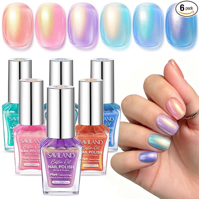 SAVILAND 18-Free Pearl Nail Polish Set, 6 Colors, Quick Dry 60s | Iridescent Blue Pink Orange Purple Glitter, Chip Resistant, Holographic Fingernail Toes Polish, For Women Home DIY 0.34 Fl.oz