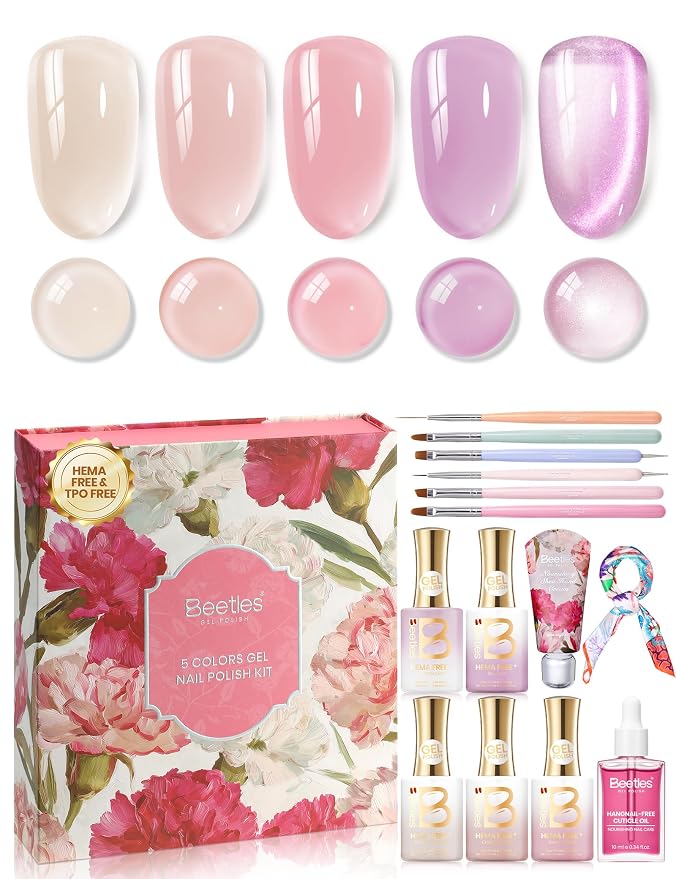 Beetles Petalled Grace Gel Nail Polish Kit, 4 Sheer Colors and 1 Cat Eye | Milky Nude Pink Purple Cat Eye Gel Nail Set Soak Off UV with Magnetic Shimmer, Nail Art Brushes, Cuticle Oil and Gift Box