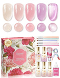 Beetles Petalled Grace Gel Nail Polish Kit, 4 Sheer Colors and 1 Cat Eye | Milky Nude Pink Purple Cat Eye Gel Nail Set Soak Off UV with Magnetic Shimmer, Nail Art Brushes, Cuticle Oil and Gift Box