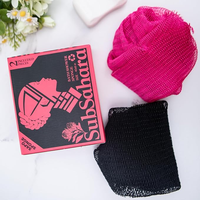 SubSahara Authentic African Net Sponge, 2 Pack 45-Inch Exfoliating Bath Sponge and Shower Loofah for Body and Back, Colorfast Quick-Dry Knotted Mesh Scrubber with Travel Pouch (Black & Pink)