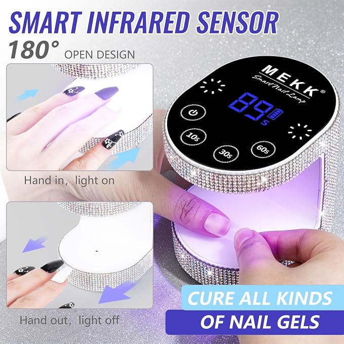 MEKK Mini UV Light for Gel Nails, 24W Cordless Flash Cure Nail Lamp | Flash cure, Auto Sensor, 4 Timers (10/30/60/90s), Portable, USB-C, for Home & Travel & Salon,Sparkling Silver Diamond