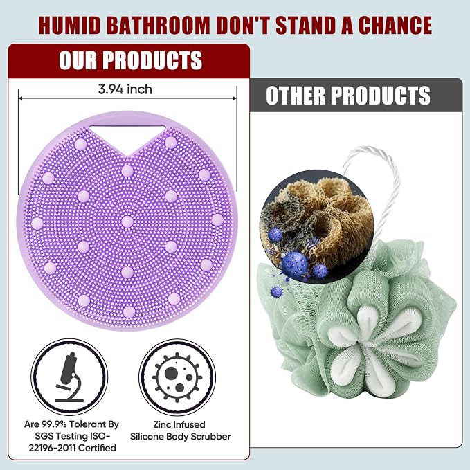 Silicone Body Scrubber -Anti Zinc Infused Exfoliating Body Scrubber | Anti Slip Silicone Loofah,Stiff & Soft Bristles for Cellulite Reduction,Blood Circulation- Purple