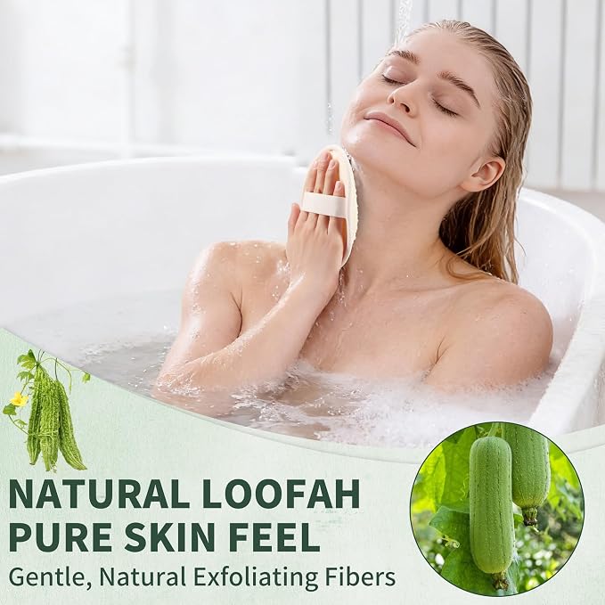SAMEBUTECO 4 Pack Natural Loofah Exfoliating Body Scrubber Pads,Large Size 6.3x4.3 Inch Shower Loofah Sponges with Elastic Strap & Hanging Loop, Bath Scrubber for Adults
