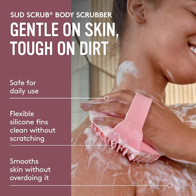 Sud Scrub® Antimicrobial Silicone Body Scrubber, Exfoliating Body Brush for Sensitive Skin, Antibacterial Shower Scrubber for Body, Bathroom Essentials for Men & Women, Pink