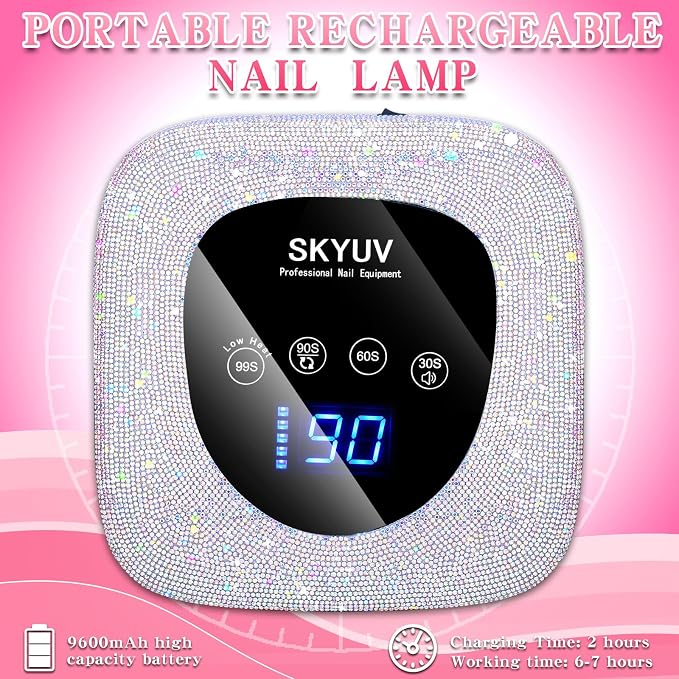 Rechargeable UV LED Nail Lamp, SKYUV Cordless Nail Dryer for Gel Polish, UV Nail Lamp with 4 Timers Setting and LED Touch Screen, Professional Curing Lamp Light with 30 Beads for Salon and Home