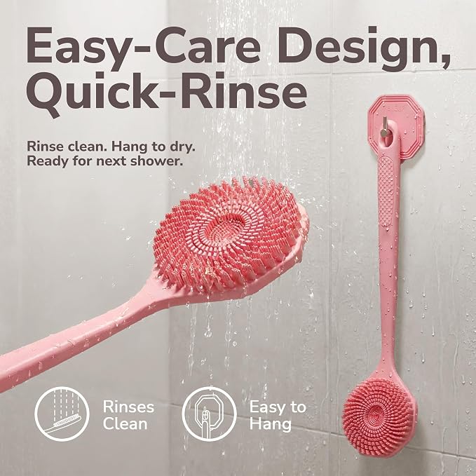 SILKLE Long Handle Back Scrubber for Shower - Silicone Body Scrubber & Bath Brush, 15 Inch Easy-Reach Handle, Foam-Focused Center, Exfoliating Bristles - Pink