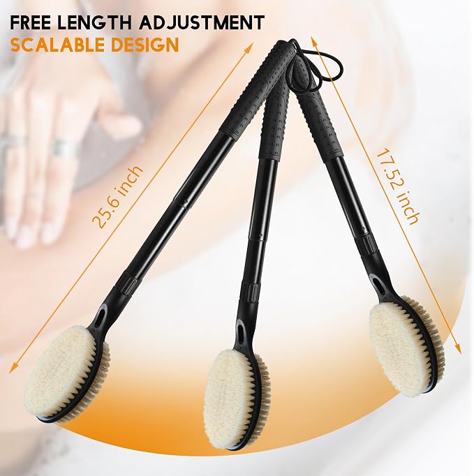 Back Scrubber for Shower with Long Handle, Dual-Sided Bath Brush for Wet & Dry Brushing, Soft & Stiff Bristles Body Exfoliator, Adjustable Detachable Shower Brush for Back, Legs & Feet