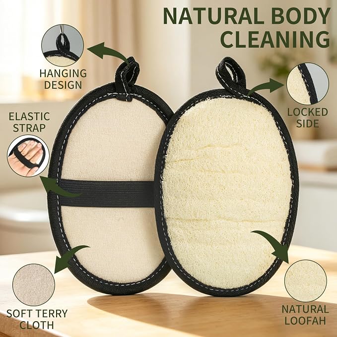 SAMEBUTECO 4 Pack Natural Loofah Body Scrubber-Exfoliating Bath Loofah Set with Black Edging and Hanging Loops for Men and Women,Ideal for Pore Cleansing,Shower,Skin Smoothing