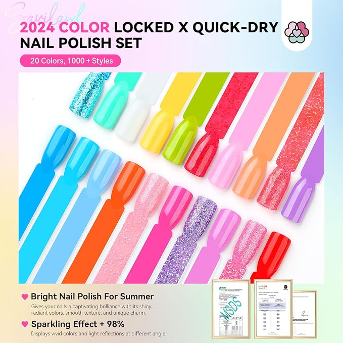 SAVILAND Nail Polish Set: Quick Dry Nail Polish Fingernail 20+3 Pcs Bright Neon Red Green Glitter Regular Nails Polish Kit with Base Top Polish Nail Art Polish DIY At Home Gift for Girls