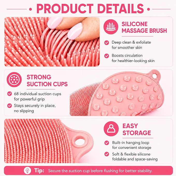 21.3" Silicone Foot & Back Scrubber Mat, Non-Slip Suction Cups Pink | Strong Suction Cups, Large, Silicone, Easy-Clean, Hangable,Perfect for pregnant women, seniors, anyone with limited mobility