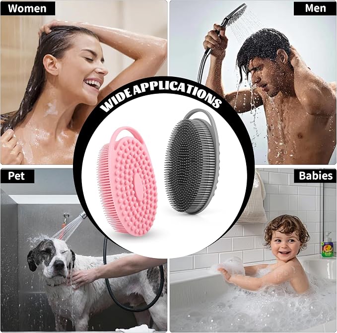 Soft Silicone Body Scrubber Loofah, 2 PCS Soft Silicone Loofah 2 in 1 Bath and Shampoo Brush Cleaning Exfoliating Use for Sensitive Skin, Lather Well, Grey and Pink