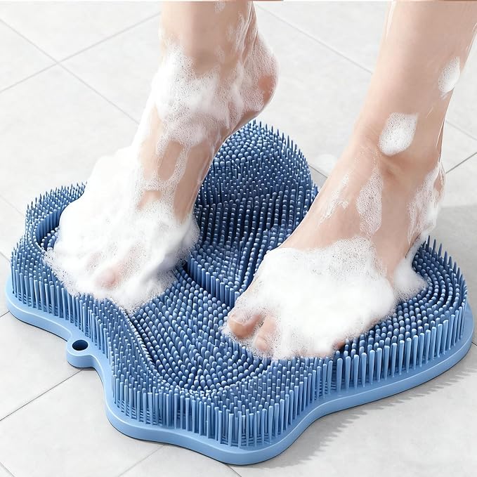 Shower Foot Scrubber Mat,Wall Mounted Back Scrubber Silicone Bath Massager Cushion Brush with Non-Slip Suction Cups,Foot Scrubber for Use in Shower for Improve Skin Exfoliation(Blue)