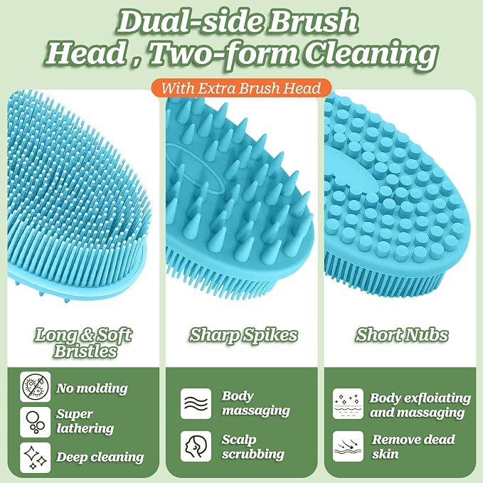 Silicone Back Scrubber for Shower, Gentle Exfoliating Body Scrubber & Back Washer with Handle, Silicone Loofah with Two Dual-Side & Replaceable Brush Heads(Blue-Two Heads)
