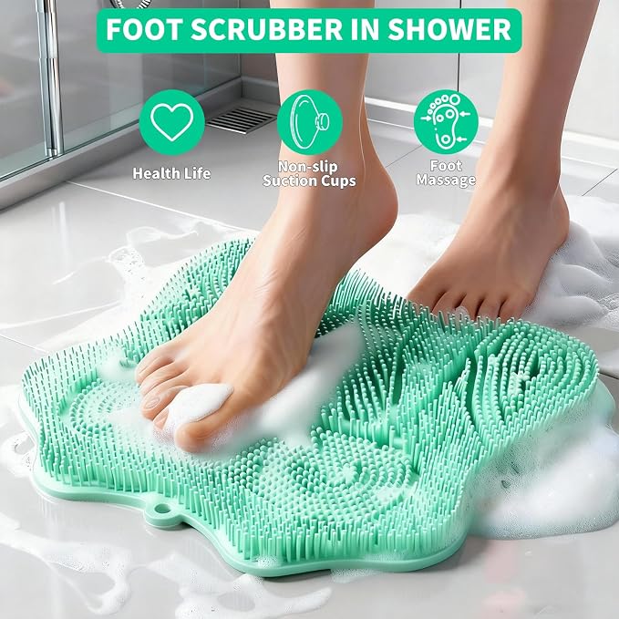 Show Foot Scrubber Mat & Silicone Back Scrubber with Butterfly Form Design,3 Brush Designs for Deep Cleaning Shower Foot Scrubber Mat, Wall Mounted Back Scrubber Silicone Bath(Mint Green)
