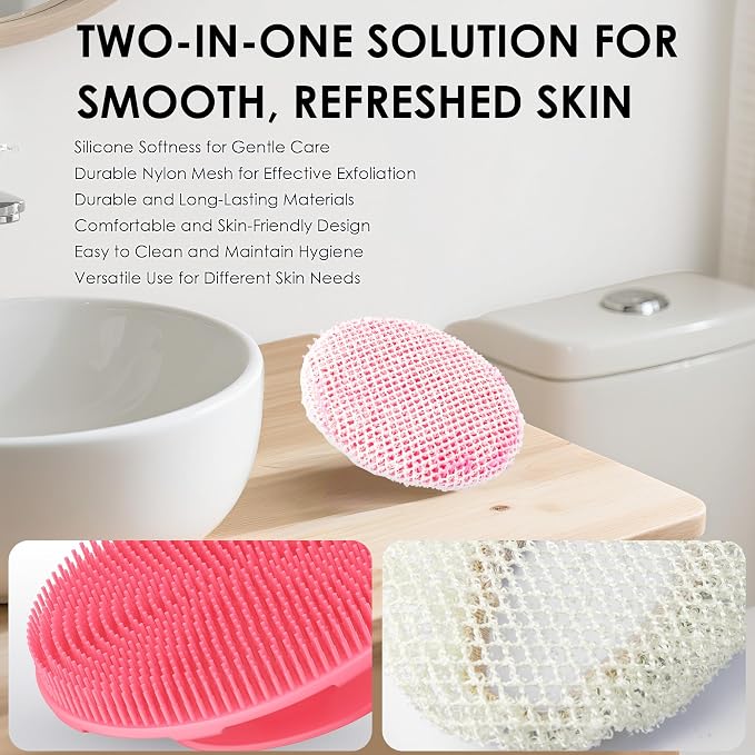 Pink Food-Grade Silicone Body Scrubber with Exfoliating Net Sponge Case | Handheld Bath Scrub Shower Brush Set For Women Men, All Skin Types, Deep Clean, Lather Well, INNERNEED