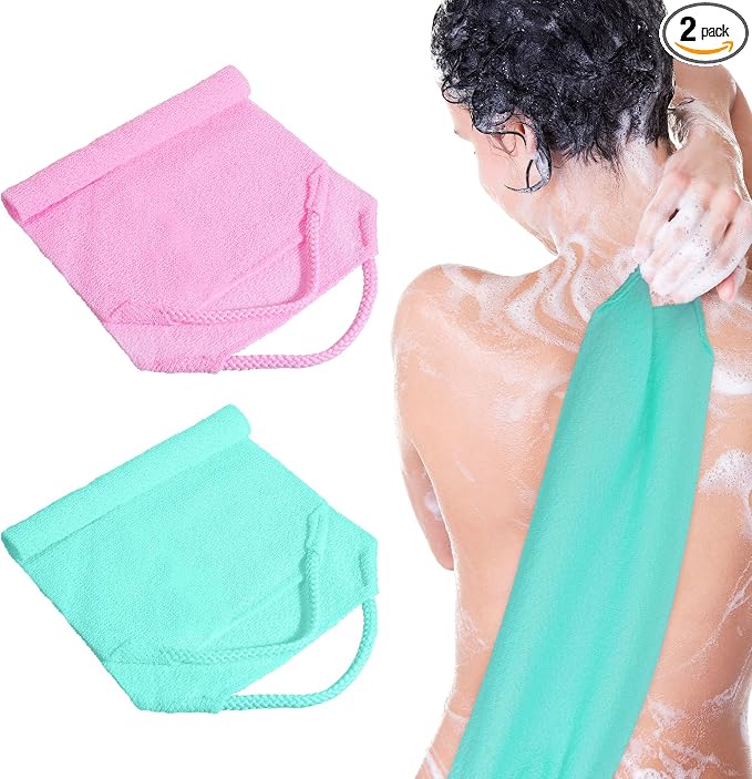 2 Pcs Exfoliating Back Scrubber with Handles,Nylon Back Scrubber Back Wash Cloth Exfoliating Shower Towel Stretchable Back Washer for Shower for Women Men Back Cleans Skin Massages(Pink,Green)