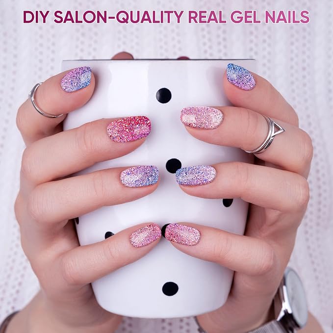 Semi Cured Gel Nail Strips, 22pcs UV Nails Polish Art Sticker, Nail Wraps with UV Light Required for Home Manicure DIY, Long Lasting, Easy Application & Removal, Salon Quality (Shiny Pink Blue 228)