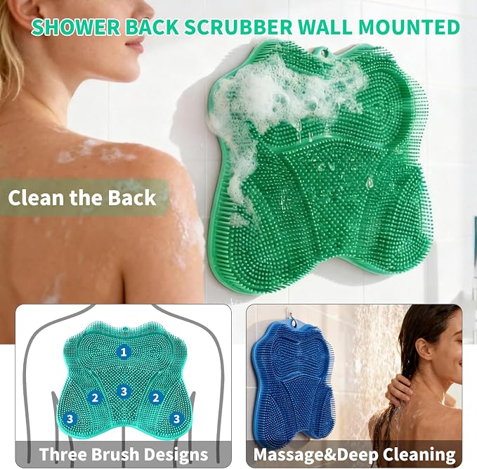 Show Foot Scrubber Mat & Silicone Back Scrubber with Butterfly Form Design,3 Brush Designs for Deep Cleaning Shower Foot Scrubber Mat, Wall Mounted Back Scrubber Silicone Bath(Mint Green)