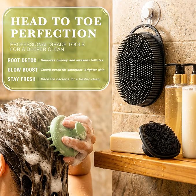 3-in-1 Silicone Scrubber Set – Exfoliating Body Scrubber, Scalp Massager Shampoo Brush & Facial Cleansing Pad – Hygienic Shower Loofah Alternative for Men & Women (3 Pack)