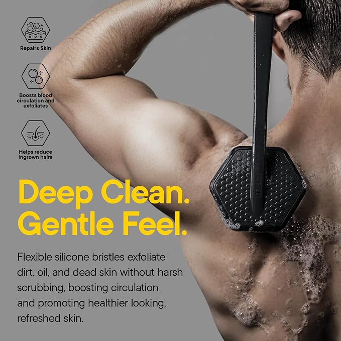 TOOLETRIES Silicone Back Scrubber for Shower with Hook - Charcoal | Long ergonomic bath brush with a non-slip grip for exfoliating and reaching hard-to-reach areas comfortably.