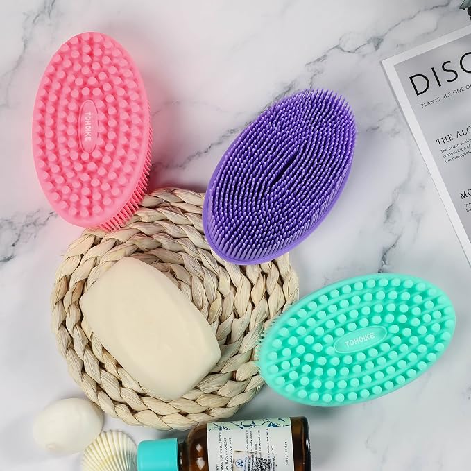 Silicone Body Scrubber Loofah Set of 3 (Purple/Green/Pink) | Soft Exfoliating Bath Shower Brush for Sensitive Skin, Kids Women Men All Skin Types
