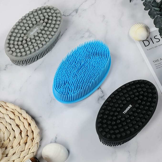 Silicone Body Scrubber Loofah Set of 3 (Black/Gray/Blue) | Soft Exfoliating Bath Shower Brush for Sensitive Skin, Kids Women Men All Skin Types