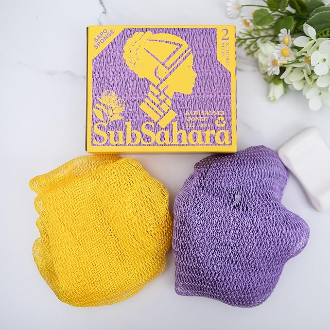 SubSahara Authentic African Net Sponge,2Pack 45In Exfoliating Bath Sponge and Shower Loofah for Body and Back,Colorfast Quick-Dry Knotted Mesh Scrubber with Travel Pouch(Lavender purple&Bright yellow)