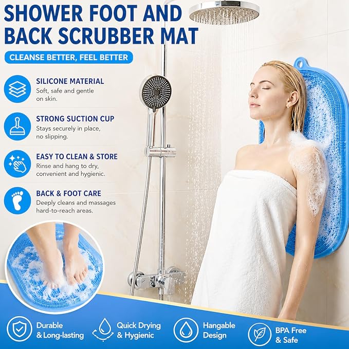 21.3" Silicone Foot & Back Scrubber Mat, Non-Slip Suction Cups Blue | Strong Suction Cups, Large, Silicone, Easy-Clean,Hangable,Perfect for pregnant women, seniors, anyone with limited mobility