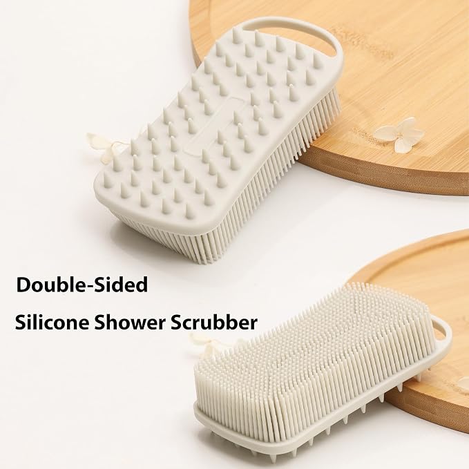 MtBoi 2 PC Silicone Body Scrubber, 2 in 1 Exfoliating Shower Bath Scrubber, Soft Silicone Loofah for Sensitive Skin, Shower Hair Scalp Massager, Easy to Clean, Lather Well (Grey&Black)
