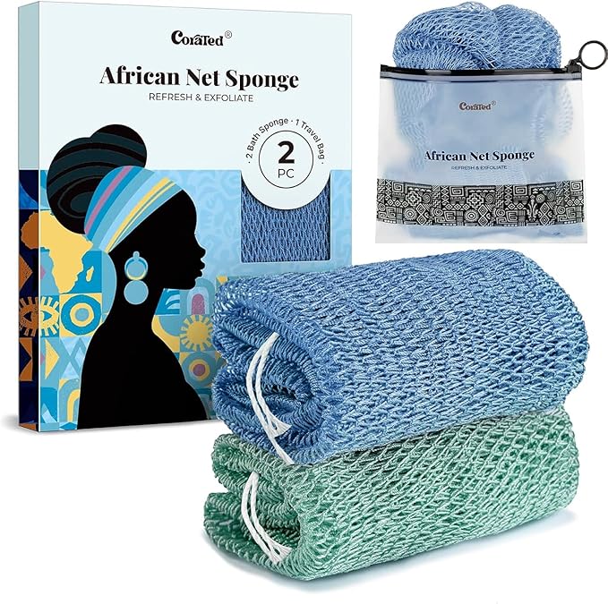 CORATED African Net Sponge with Knots Authentic, Shower Loofah Bath Sponge | Exfoliating Body Scrubber for Women Daily Use Body Care, Travel Portable Bath Accessories for Bathroom