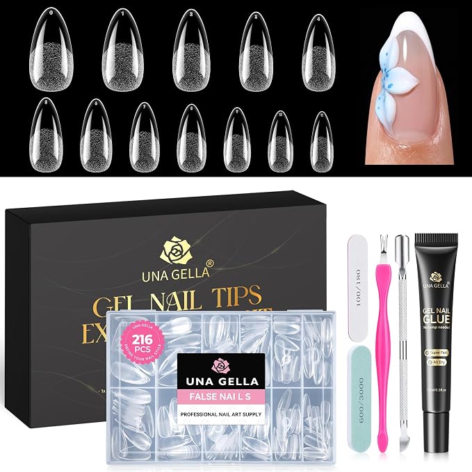 UNA GELLA Medium Almond Gel Nail Tips and Glue Kit, 216Pcs Pre-buffed Soft Gel Fake Nails with Air Dry Adhesive, Uv Lamp Free Complete Manicure Prep Kit for Beginners Extensions Press On Nails